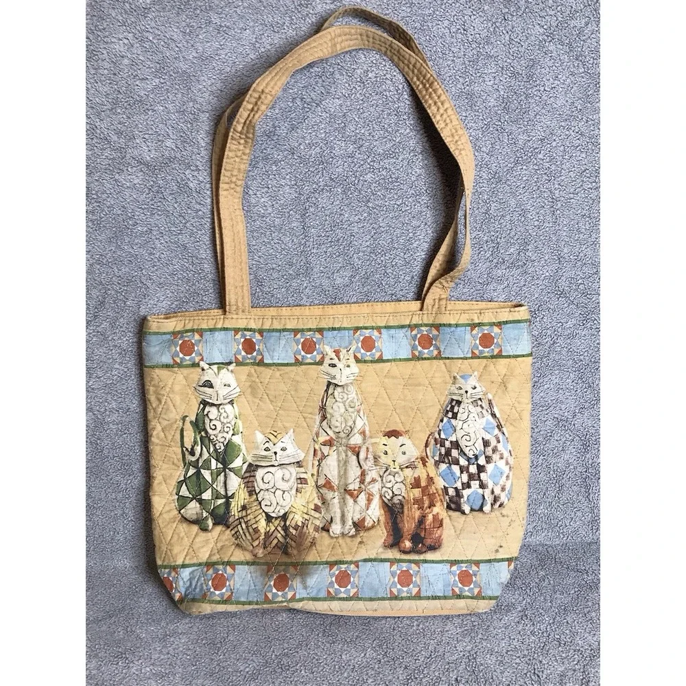 Jim Shore Heartwood Creek 5 Cat Tote‎ Quilted Zippered Inner Pockets